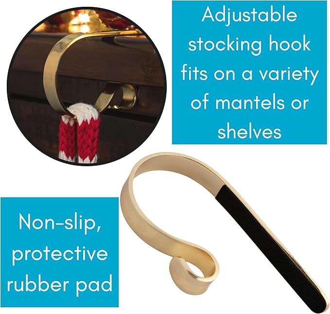BIRDROCK HOME Christmas Stocking Mantel Hooks - Metal Fireplace Hanger with Non-Slip Pads - Holds Up to 10 lbs - Ideal for Hanging Stockings, Garland & Holiday Decor - 4 Pack, Scroll Design (Gold)