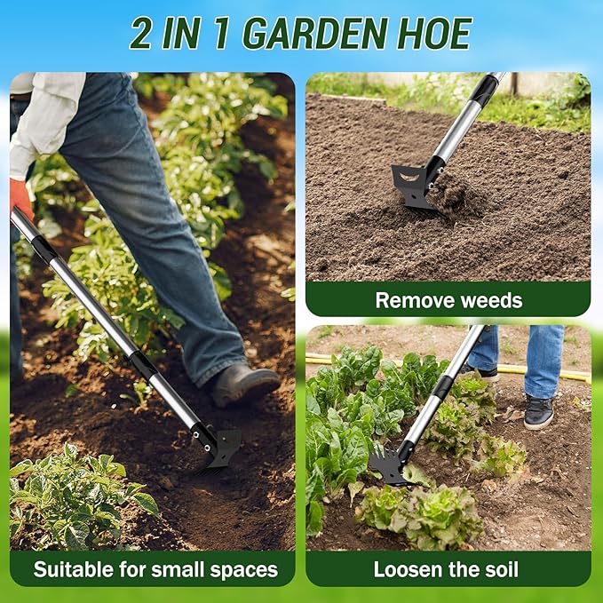 Weed Puller Tool with Long Handle ? 2-in-1 Handle Garden Hoe and Weed Rake, Hoe Garden Tool for Home Gardens, Lawns, and Yards