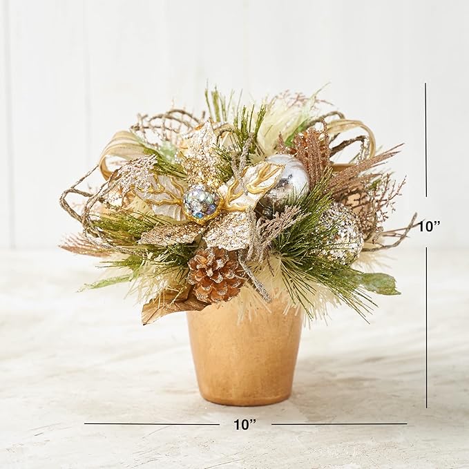 Holiday Tree Christmas Centerpiece - Champagne Gold Poinsettia Centerpiece w/Pot - Handcrafted - Glittery Golden Poinsettias, Natural pinecones, Mini Roses, Faux Foliage and Jeweled Ornaments