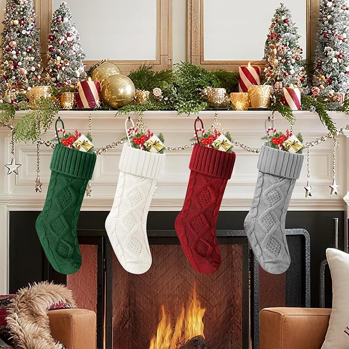 Christmas Stockings 18 Inches,Long Knitted Socks Christmas Decoration Hanging Stocking Fireplace Xmas Tree Stocking for Home Family(red+White+Green+Gray)