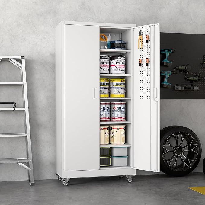 Aobabo Upgrade 71H''*32''W*16''D Metal Garage Storage Cabinet with Wheels and Pegboards, 5 Adjustable Shelves Steel Storage Cabinets for Home,Warehouse,Garage,Assembly Required,White