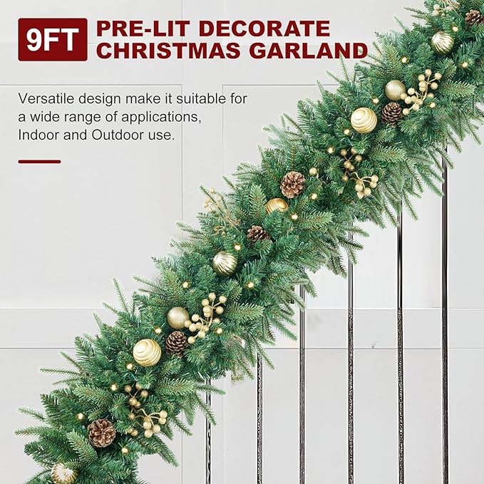 9FT Pre-Lit Artificial Christmas Garland with Dual Color LED Lights and Timer by Remote Control and Batteries Operated, Holiday Decorations, for Indoor Door Home Stairs Fireplaces Wall
