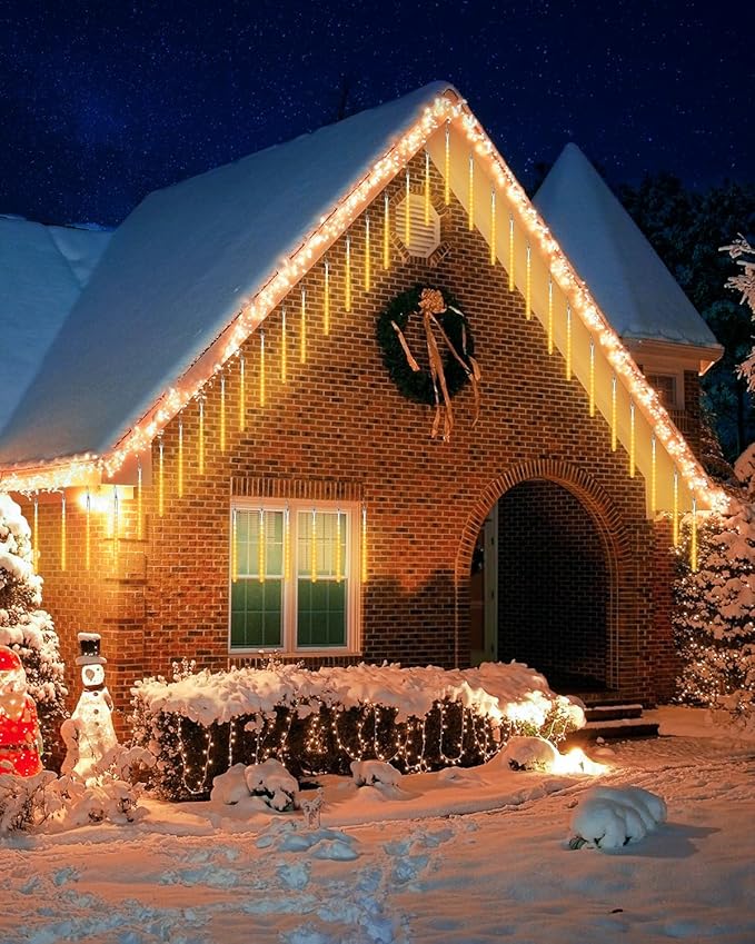 Flacchi Solar Meteor Shower Icicle Lights - 20 Tubes 480 LED Cascading Raindrop Lights, Outdoor Waterproof Christmas Decorations for Holiday Party(Warm White, Solar 20 Tubes)