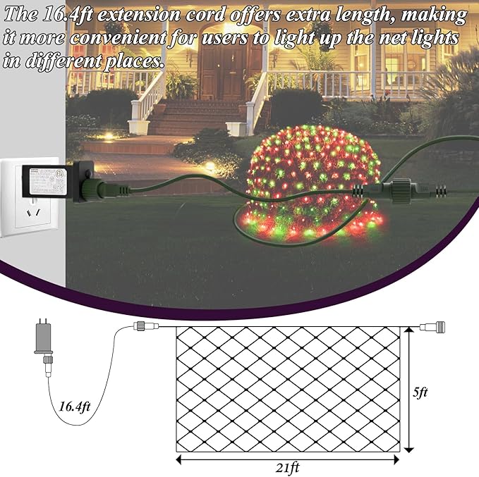 360LED Christmas Net Lights, 21ft x 5ft Mesh Lights Outdoor Green Wire 8 Modes Timer, Waterproof Connectable String Lights for Bushes Xmas Tree Garden Holiday Party Decor - Red Green