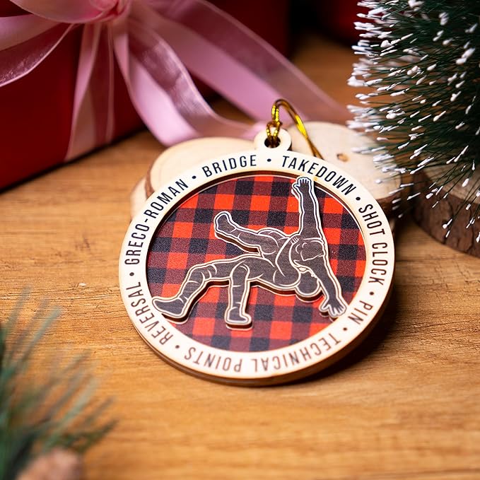 Wrestling Ornament 2025 – Wooden Christmas Ornament for Wrestlers, 2-Layer Rustic Plaid Wrestling Christmas Tree Decoration, Wrestling Gifts for Men