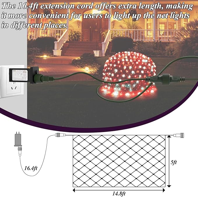 Christmas Net Lights Red & White, 14.8ft x 5ft 300LED Mesh Lights Outdoor Green Wire 8 Modes Timer, Waterproof Connectable String Lights for Bushes Xmas Tree Garden Holiday Party Decor
