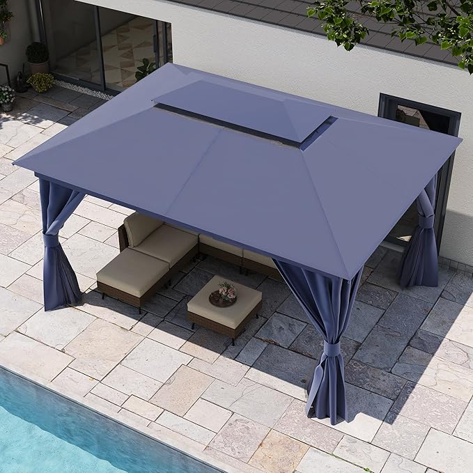 LAUSAINT HOME 10x13ft Outdoor Patio Gazebo with Double Roof, Heavy Duty Waterproof Gazebo Canopy Tent with Mosquito Netting for Backyard, Garden, Lawn & Wedding, Navy Blue