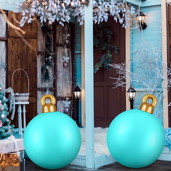 Jetec 4 Pcs Giant Inflatable Christmas Ball Large Xmas Inflatable Ornaments PVC Outdoor Holiday Blow Ball Outside Yard Lawn Porch Decorations (Solid,Teal Blue)