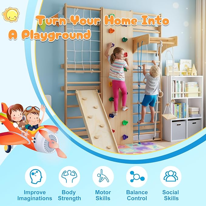10-in-1 Indoor & Outdoor Wooden Playset for Kids, All-in-One Climbing Playground with Slide, Monkey Bars, Swing, Rock Wall, Climbing Net, Rings & Ladder –Sturdy Backyard Adventure Set for Active Play