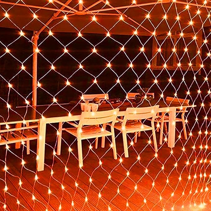 Dazzle Bright Halloween 200 LED Net Lights, 9.8 FT x 6.6 FT Connectable Mesh Lights Clear Wire with 8 Lighting Modes, Halloween Decorations for Indoor Outdoor Bush Yard Garden Decor (Orange)