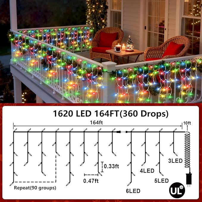 1620 LED 164ft Outdoor Christmas Lights, 12 Modes Dimmable Curtain String Lights with 360 Drops, Waterproof Twinkle Fairy Lights with Timer for Bedroom Window Holiday Wedding Xmas Decor, Multicolor