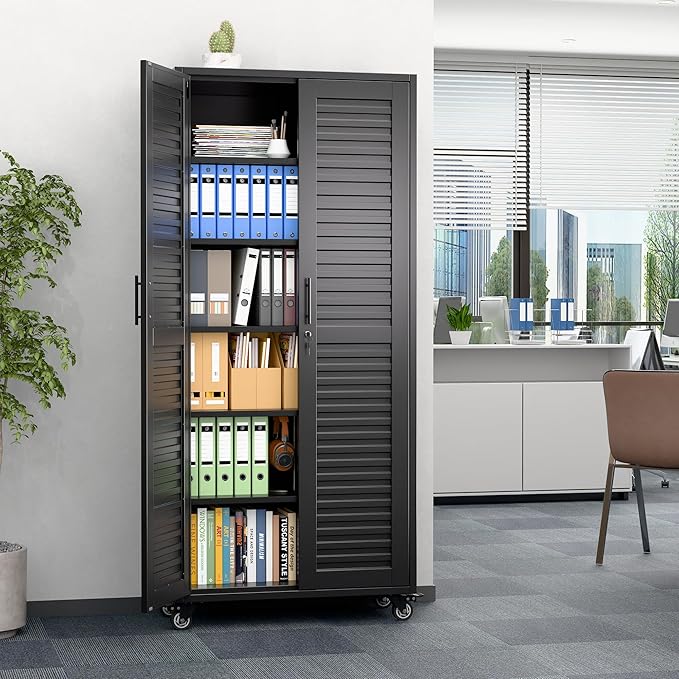 Aobabo Garage Storage Cabinet with Wheels,Metal Storage Cabinets with 5 Adjustable Shelves for Garage,Home,Assembly Required,Black, 71H''*32''W*16''D