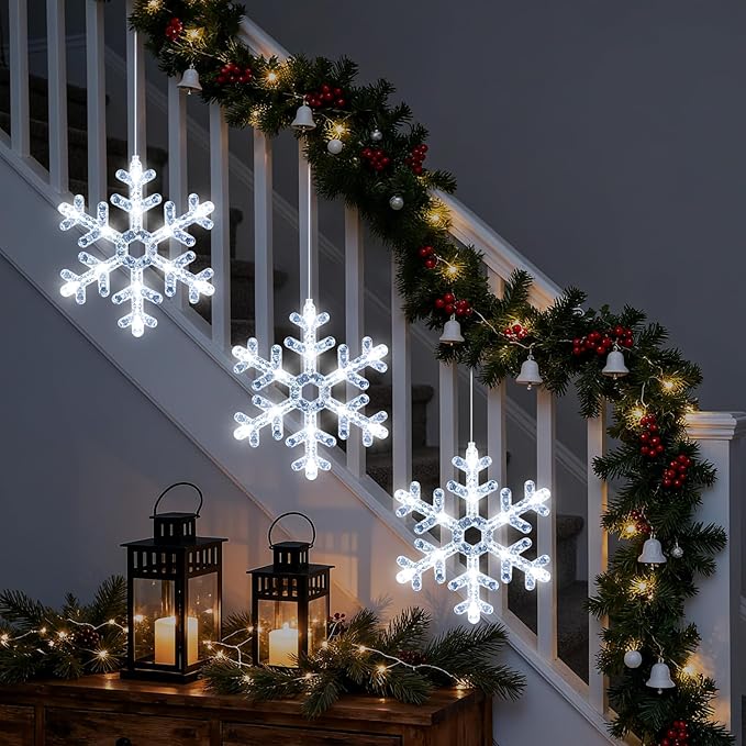 3Pack Christmas Window Lights Decorations with Timer,Battery Powered White Lighted Snowflake Shaped LED String Sucker for Xmas 2026 Hanging Fireplace Window Indoor Decor