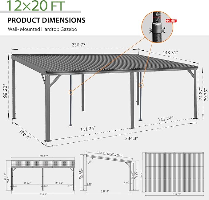 Domi 12'x20' Hardtop Lean to Gazebo with Gutters, Connectable Wall Mounted Gazebo Pergola with Galvanized Steel Roof, 60MPH Wind Resistance, Outdoor Large Metal Canopy, for Patio, Deck, Lawn - Grey