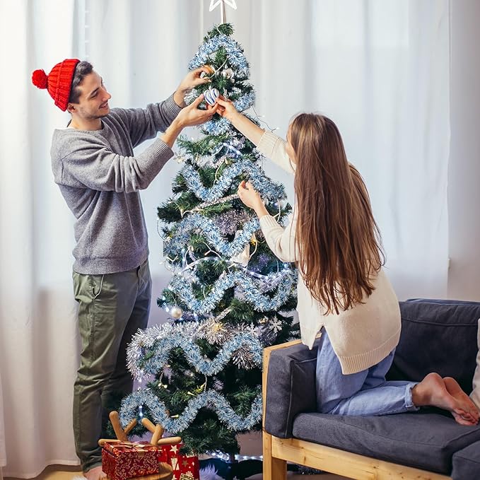 177 Feet Christmas Tinsel Garland Metallic Shiny Hanging Christmas Tree Tinsel Garland Ornaments for Indoor Outdoor Party Wedding Holiday(Blue White Silver)