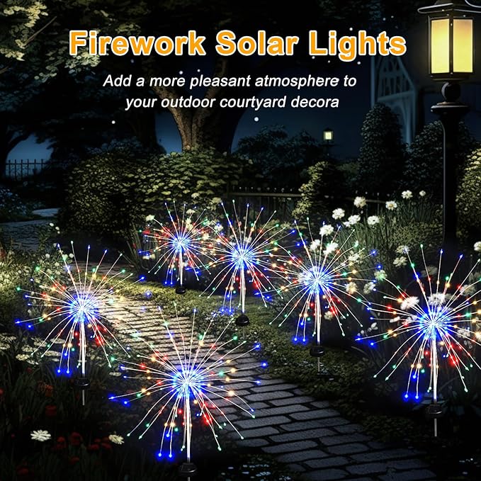 Solar Garden Firework Lights Outdoor Waterproof, 6 Pack Solar Lighting with 8 Lighting Modes, 120 LED Sparklers String Lights for Outside Decor Yard Pathway Halloween Decorations(Colorful)