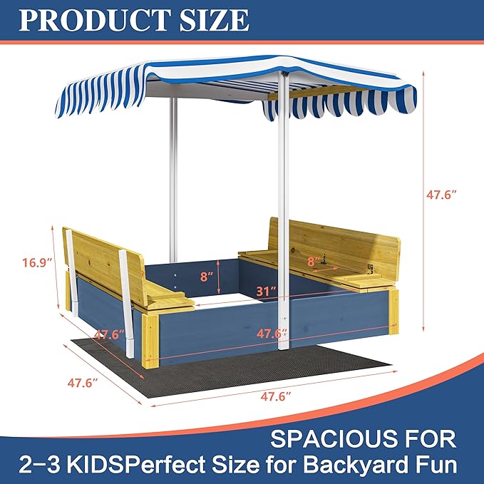 Kids Sandbox with Lid, Wooden Sand Box with Cover Adjustable Canopy, Storage,and Bottom Liner, for Backyard Outdoor Playgrounds Equipment Ages 4-8