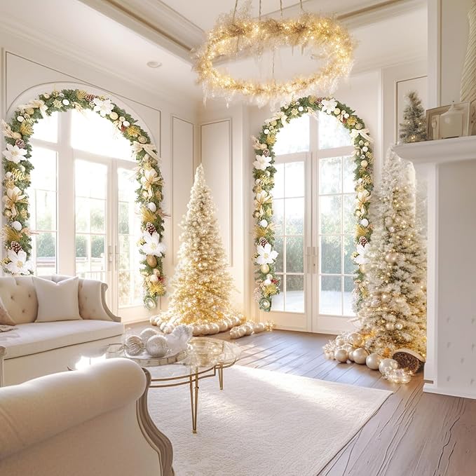WBHome Pre-lit 9 Feet/108 Inch Christmas Garland, White & Gold Lighted Garland with 50 LED Lights for Indoor Outdoor Xmas Decor Holiday Decorations, Battery Operated (Batteries NOT Included)