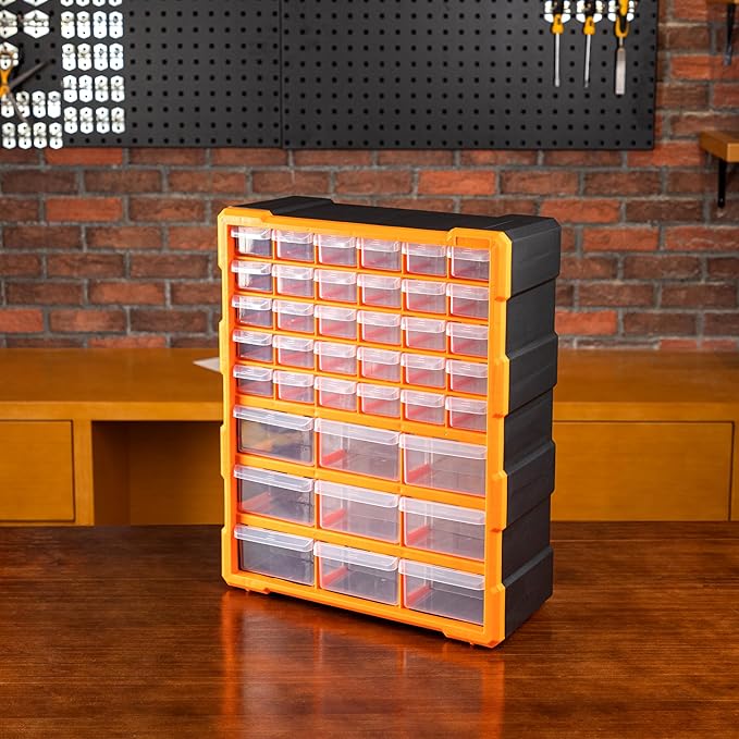 Amazon Basics Wall Mount Hardware and Craft Storage Cabinet Drawer Organizer 39 Drawers, Black, Orange, 15 L x 6.3 W x 18.6 H inches (LxWxH)