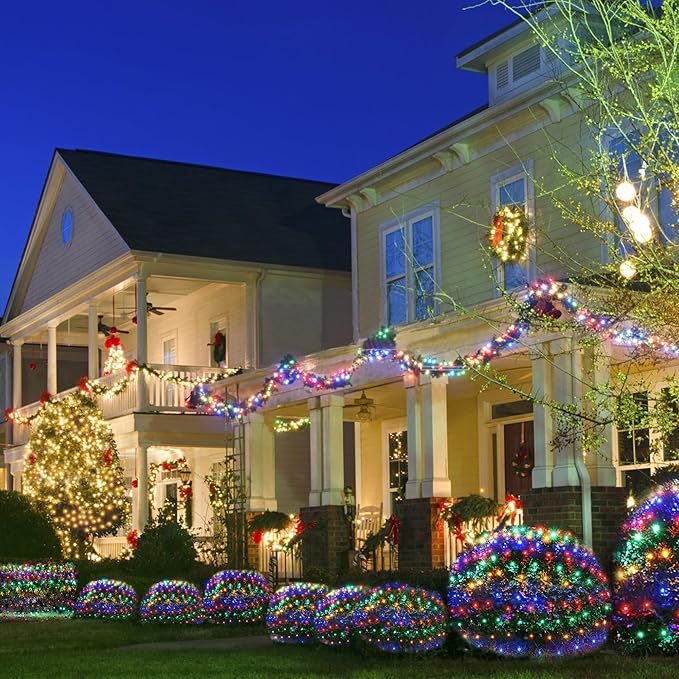 WBao Solar Christmas Lights Outdoor 200LED 8.4ft x 5.2ft Christmas Net Lights with Remote, 8 Lighting Modes, Timer, Waterproof for Lawn, Bushes, Shrubs, Trees Outdoor Xmas Decorations, Multicolor