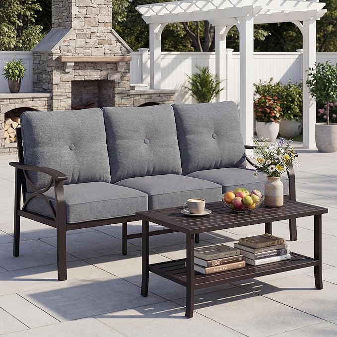 3 Seats Outdoor Patio Furniture Set, Outdoor Metal Sectional Furniture with Cushions, Outdoor Conversation Set with Coffee Table for Deck, Balcony, Backyard, Garden, Grey