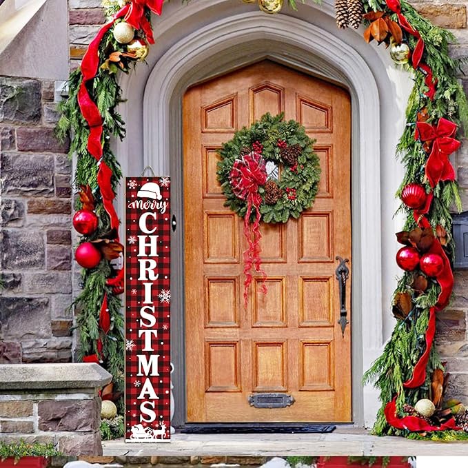 Nialnant Merry Christmas Welcome Porch Sign, Vertical Santa Welcome Sign for Front Porch, Winter Yard Christmas Sign for Porch Door Indoor Outdoor Holiday Decoration - 47.2" X 7.8