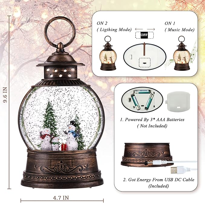 Christmas Snow Globe Lantern Water Glittering Rotating with Music and Timer, USB Lined/Battery Operated Lighted Lantern for Christmas Festival Decoration Gifts