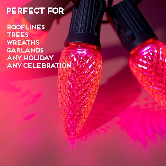 HLO Lighting Set of 25 Pink C9 Faceted LED Christmas Light Bulbs for Indoor & Outdoor Use | Durable Replacement Bulbs