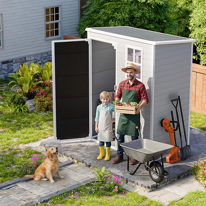 HUSFU 5x3 FT Outdoor Storage Shed with Floor and Lockable Door,Waterproof Resin Tool Shed for Garden, Backyard, Patio,Perfect to Store Patio Furniture,Weather-Resistant, Light Grey