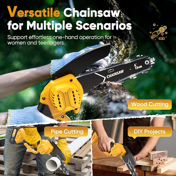 Chainsaw 6-Inch 2 Pack 2000mAh Battery Hand Mini Chain Saw Birthday Christmas Gifts for Men Portable Cordless for Wood Cutting Tree Trimming Projects Gardening Tools (Yellow)