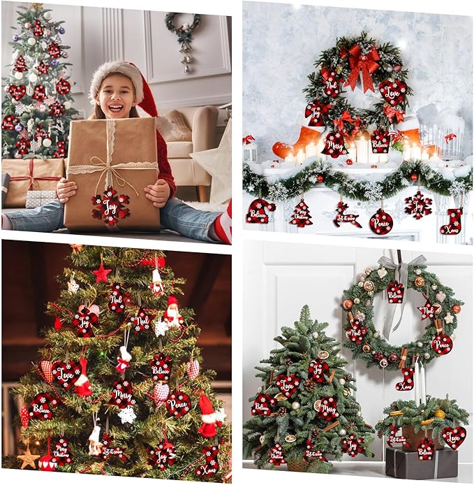 36 Pieces Christmas Buffalo Plaid Ornaments Christmas Tree Wooden Hanging Decor Black and Red Wooden Christmas Ornaments Reindeer Snowman Plaid Christmas Tree Decorations(Multiple Style)