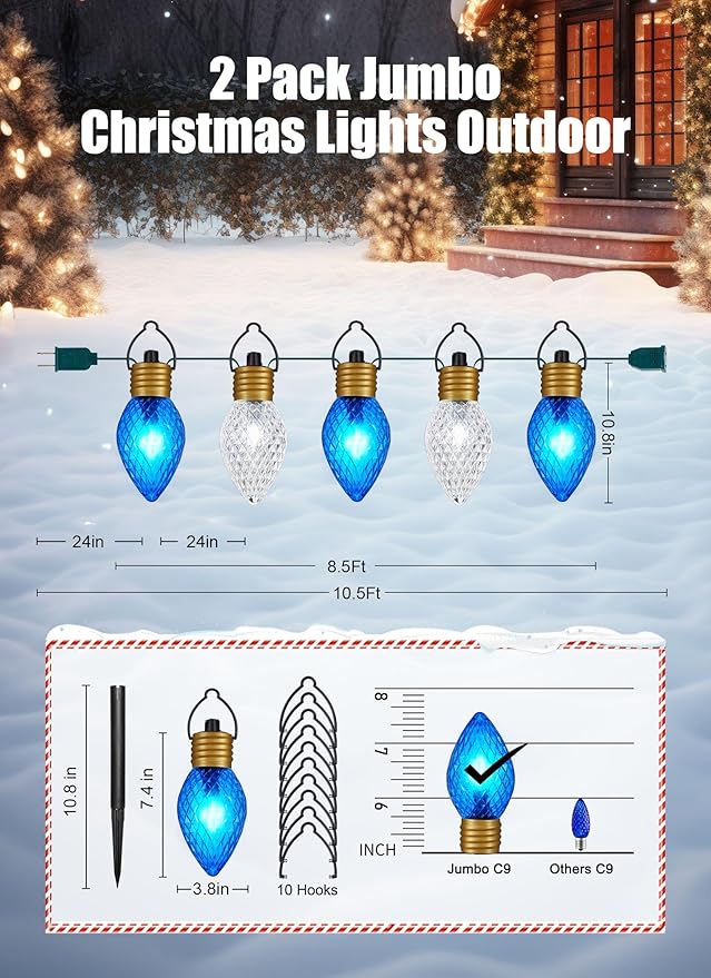 Minetom Strawberry C9 Christmas Jumbo Lights - 2 Pack 10.5 Feet 5 Light Christmas Pathway Lights Outdoor C7 Light Covered Jumbo Bulb Decorations for Lawn Garden Outside, Blue & Cool White