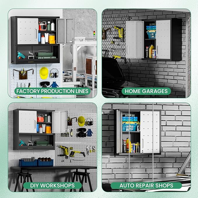 Garage Wall Cabinet,29.5 W Wall Mounted Garage Cabinets with Adjustable Shelf,Heavy Duty Lockable Metal Cabinet,Secure Hanging Tool Cabinet for Basement,Laundry Room,Workshop,Black/Grey