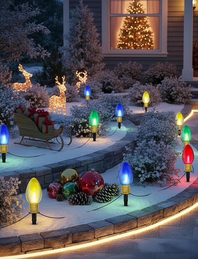 Christmas Lights Jumbo C9 Outdoor Lawn Decorations with Pathway Marker Stakes, 2 Pack 7 Feet String Lights with Transparent Multicolored Light Bulb for Holiday Outside Yard Garden Decor, 8 Lights