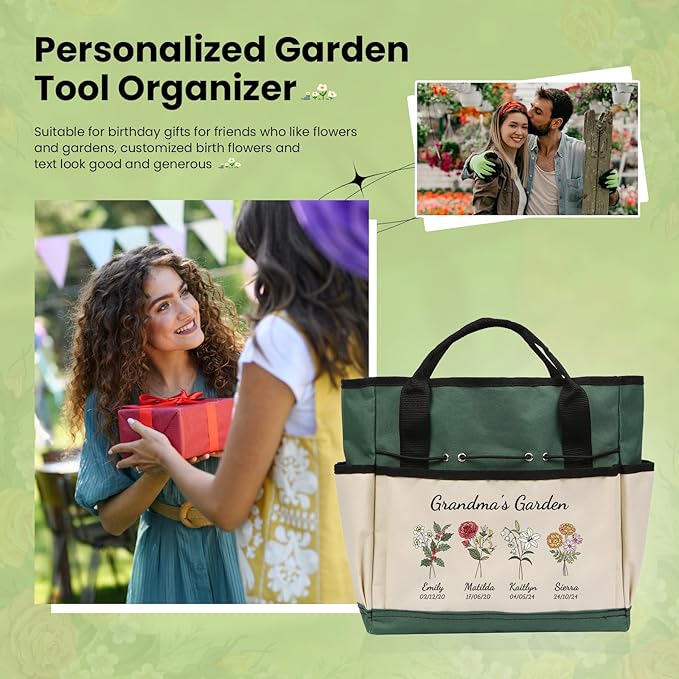 Personalized Garden Tools Set for Women: Custom Text Garden Tool Bag and Garden Shovel & Transplant Shovel & Hand Rake - Gardening Gifts for Mom Grandma Gardening Lover (4 Flowers)