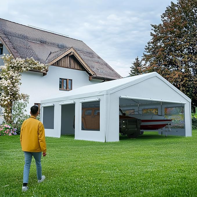 Quictent 20x20 ft Heavy Duty 2 Car Carports with Side Zipper Doors & Snowproof Steel Cables & Ventilated Windows, Waterproof Storage Shelter for Car, Boat, Outdoor Equipment, Gray