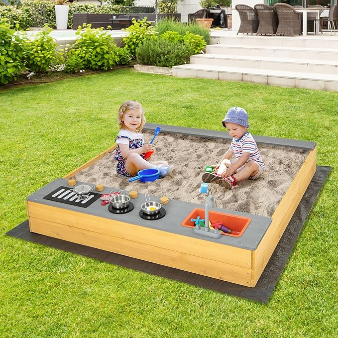 Costzon Kids Sandbox, Wooden Sand Pit w/Kitchen Playset Accessories, Water Faucet, Built-in Bench Seat & Bottom Liner, Outdoor Sand Box for Kids 3-8 Backyard Garden Bench