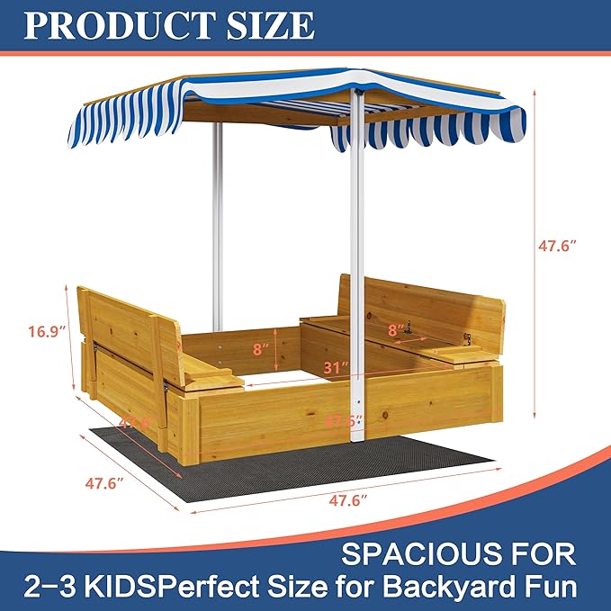 Kids Sandbox with Lid, Wooden Sand Box with Cover Adjustable Canopy, Storage,and Bottom Liner, for Backyard Outdoor Playgrounds Equipment Ages 4-8