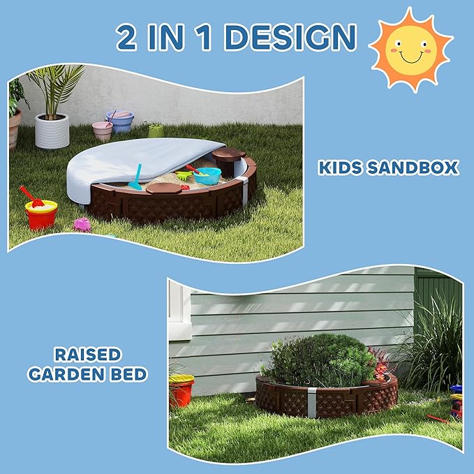 Qaba Kids Sandbox with Cover, Round 47 HDPE Large Sand Pit with 3 Seats, Waterproof Bottom Liner, Weather Resistant Outdoor Sand Box for Backyard, Lawn, Garden, Beach, Patio, Brown