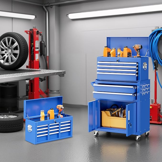 Bonusall 8 Drawer Rolling Tool Chest and Cabinet Combo,Heavy-Duty Metal Garage Tool Chest with Wheels and 2 Doors,2-in-1 Top Box and Roller Cabinet Combo for Garage, Workshop, Warehouse-Blue