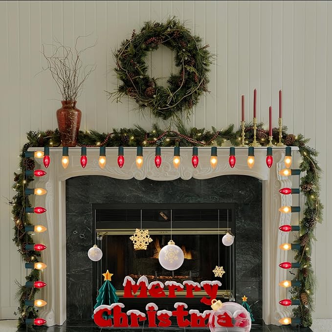 C9 Red and White Christmas String Lights 25Ft C9 Outdoor Christmas Decorations Lights with 26 Red Frosted White Bulbs, Vintage Christmas Light Waterproof for Patio Roofline Party Holiday Garden