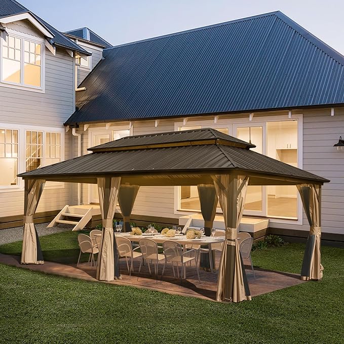 Domi Hardtop Gazebo 12x18FT, Aluminum Metal Gazebo with Galvanized Steel Double Roof Canopy, Curtain and Netting, Permanent Gazebo Pavilion for Patio, Backyard, Deck and Lawn, Brown