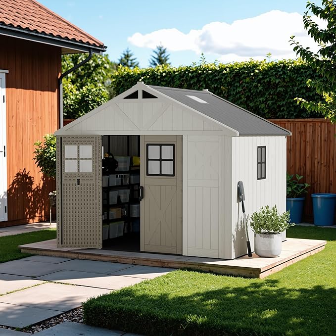 Devoko 10 x 8 FT Resin Outdoor Storage Shed, Extra Large Plastic Shed with Skylight, Floor and Lockable Door, Storage Bike, Tools, Lawn Mower for Garden, Backyard, Patio, Beige