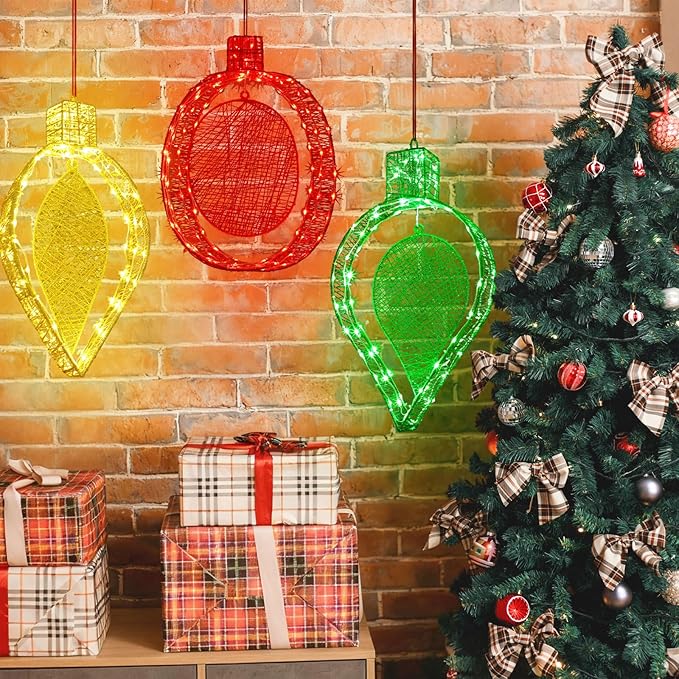 3 Pcs Outdoor Hanging Lighted, 16 h Christmas Pre-lit Hanging Lights Ornament for Outside, Red Green Yellow Metal Christmas Lantern Decoration for Balcony Yard Garden, 300 LED