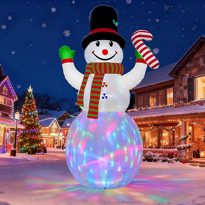 12FT Christmas Inflatables Snowman Outdoor Decorations, Giant Christmas Blow Up Snowman Inflatable in Waving Pose with Candy Cane, Rotating Colorful LED Light for Holiday Party Garden Yard Deco