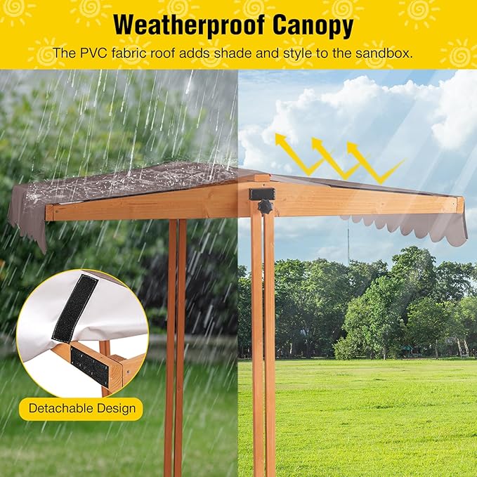 Aivituvin Kids Sand Boxes with Lid and Canopy, Outdoor Sandboxes with Cover, Foldable Bench Seats, Retractable Roof, Sand Table for Kids Ages 4-8 (Brown with Toy Bins)