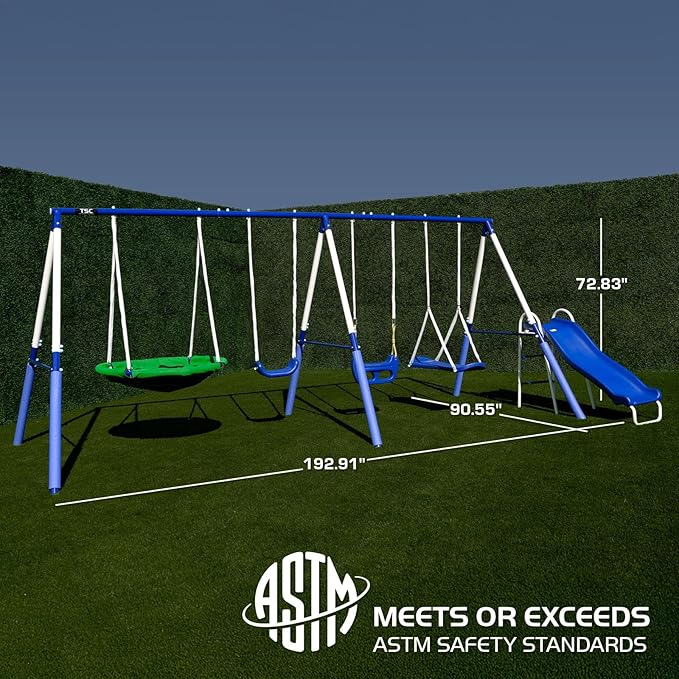 TSC Malibu Swing Set for Kids, Outdoor Metal Playset with 5ft Slide, 38" Saucer, Surfboard Swing, Standing & Blow-Molded Swing – Backyard Fun with 500lbs Max Capacity