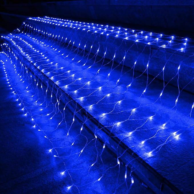 Joomer Christmas Net Lights - 12FT x 5FT 360 LED Plug-in Mesh Lights, Waterproof with 8 Modes, Timer, Connectable for Bushes, Trees, Garden, Outdoor Christmas Decor (Clear Wire, Blue)