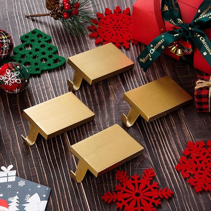 4 Pcs Christmas Stocking Holders Hanging Hooks Heavy Duty Mantel Stocking Holder Bases Weighted Metal Stocking Hangers for Shelf Fireplace Stair Xmas Party Decor (4, Gold)