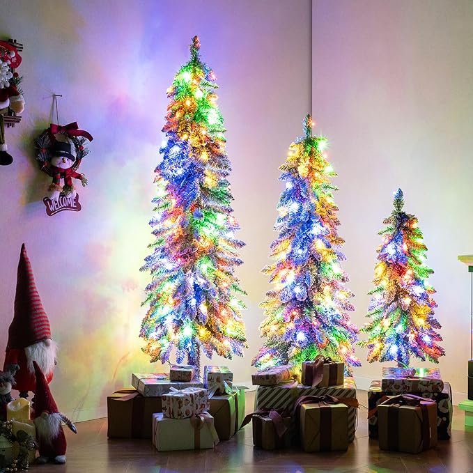 GOFLAME Set of 3 Pre-lit Pencil Christmas Tree, Snow Flocked Artificial Xmas Trees 3Ft, 4Ft and 5Ft with Multi-Colored LED Lights, Slim Christmas Tree, Holiday Decoration Tree with Metal Base